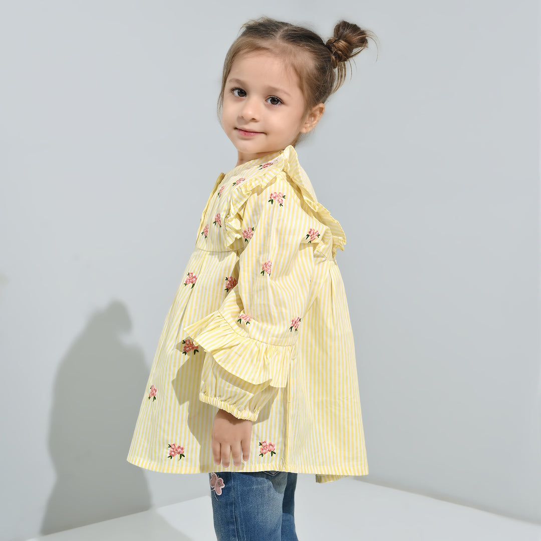 Girls Cotton Emb Top Pink Poppy-Yellow