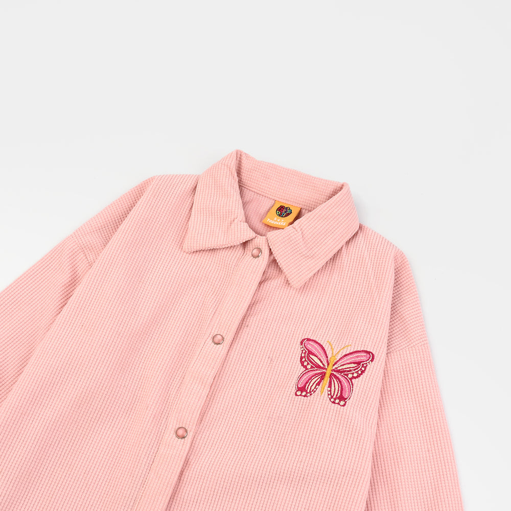 Girls Poly Crinkle Emb Top Butterfly-Pink