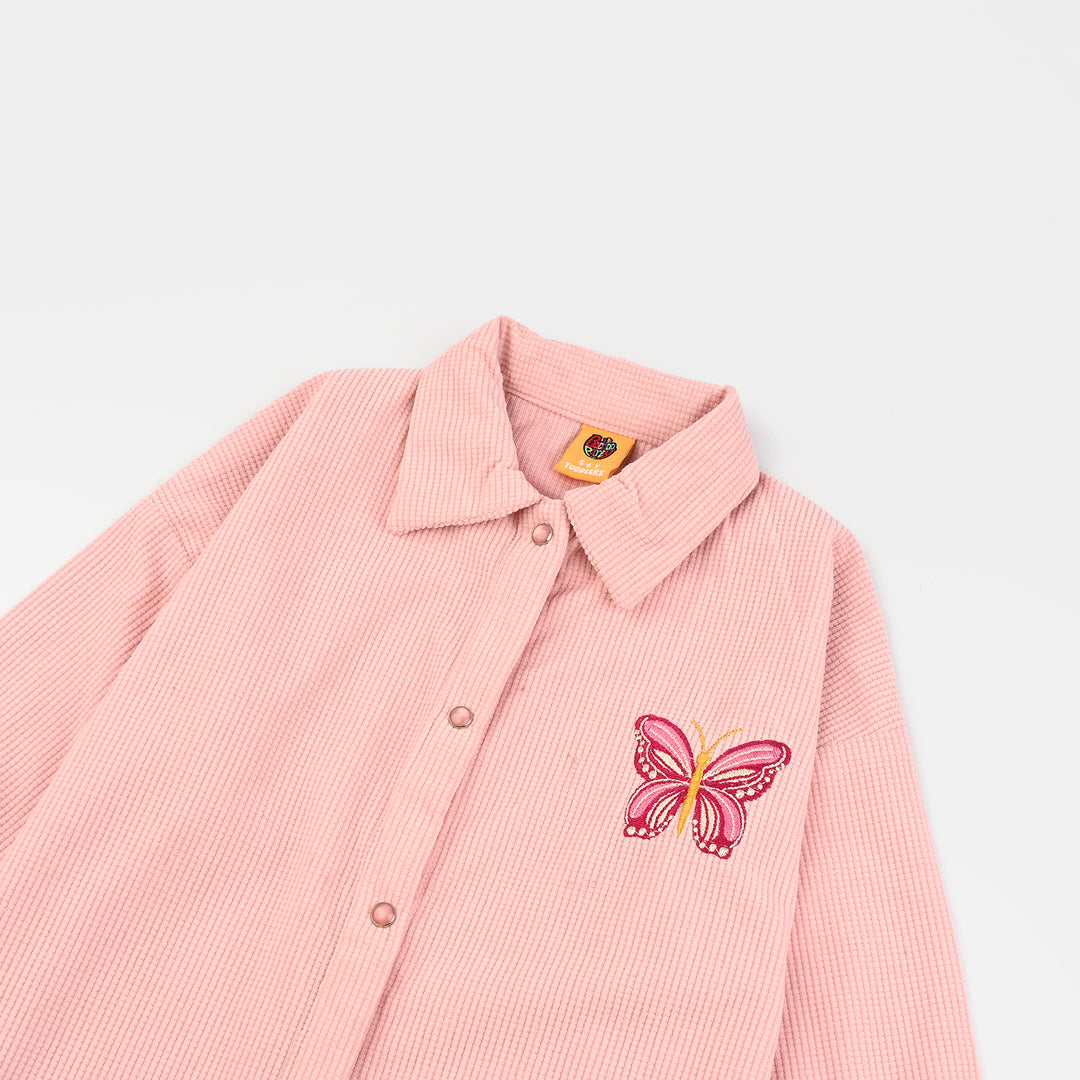 Girls Poly Crinkle Emb Top Butterfly-Pink