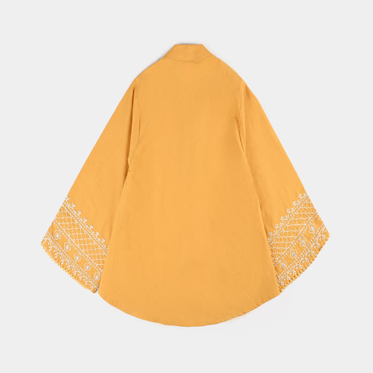 Girls Cotton Slub Emb Top Flowy-Mustard