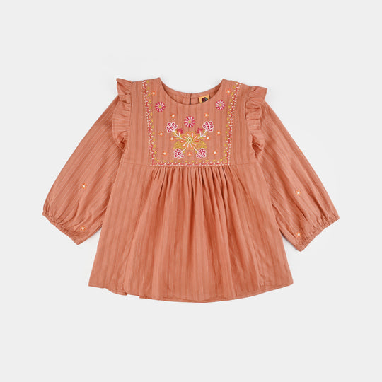 Girls Cotton Emb Top Rusty Ruffles-Rust