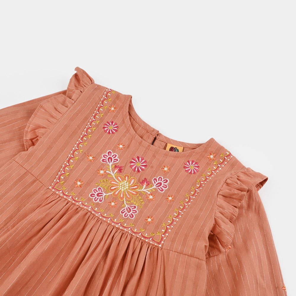 Girls Cotton Emb Top Rusty Ruffles-Rust