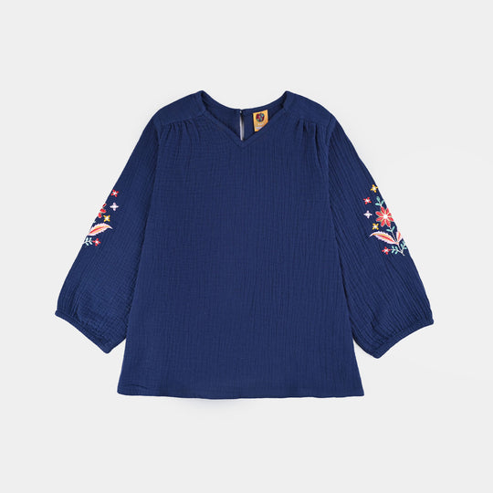 Girls Cotton EMB Top Bouquet-Navy Blue