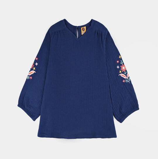 Girls Cotton EMB Top Bouquet-Navy Blue