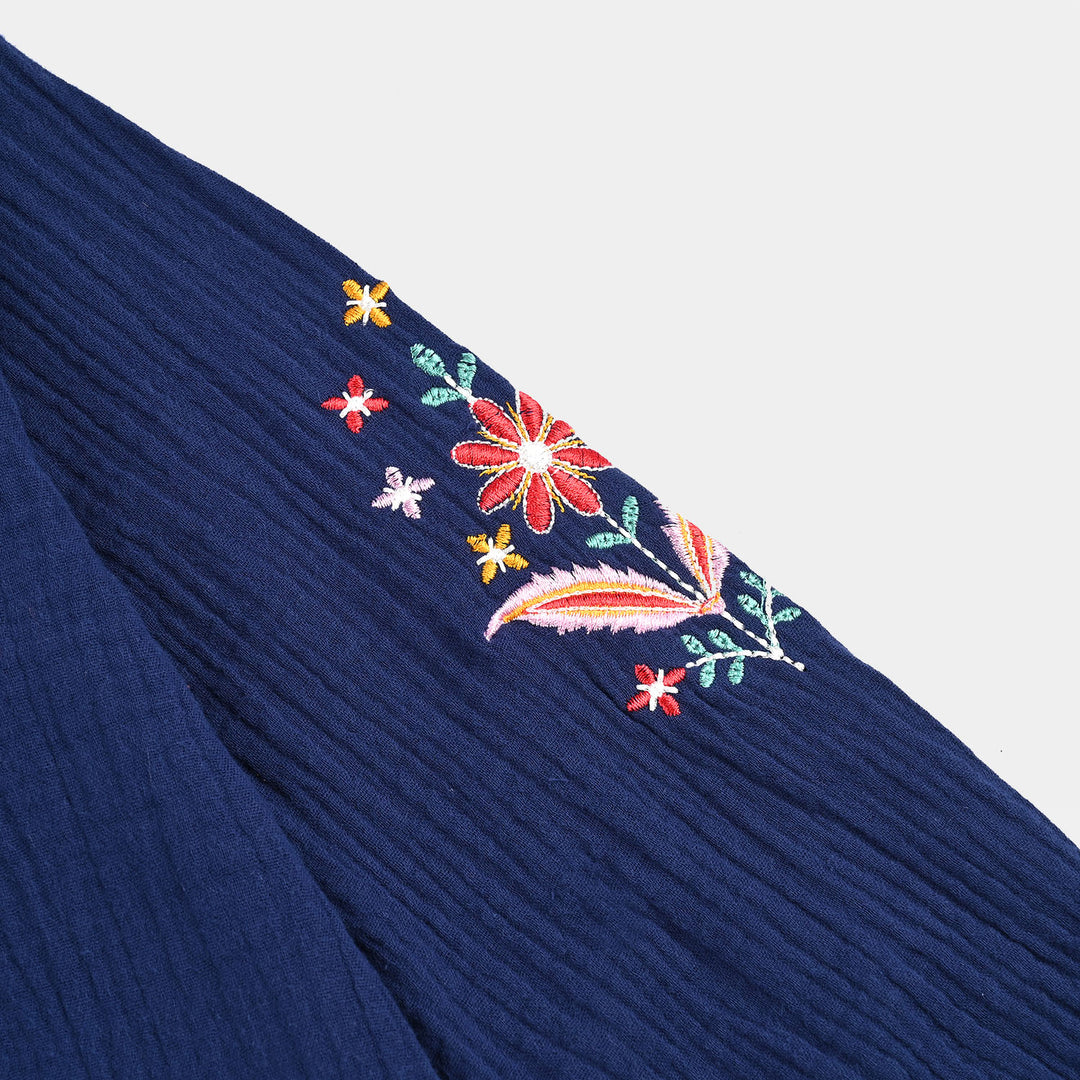 Girls Cotton EMB Top Bouquet-Navy Blue
