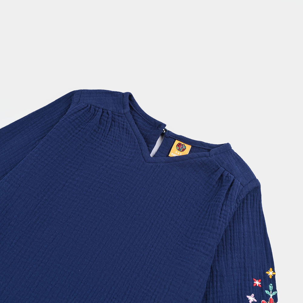 Girls Cotton EMB Top Bouquet-Navy Blue