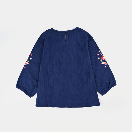 Girls Cotton EMB Top Bouquet-Navy Blue
