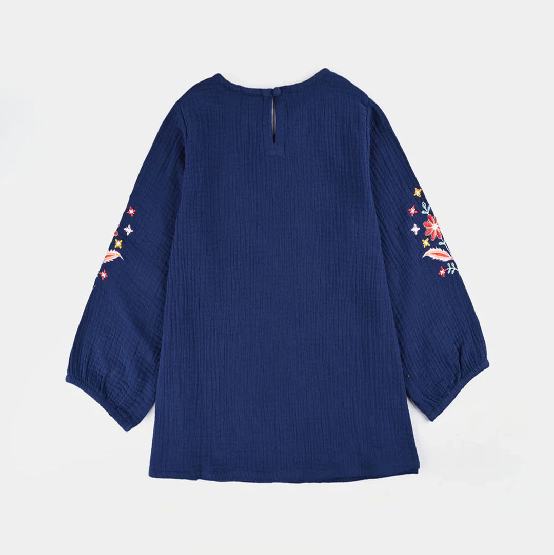 Girls Cotton EMB Top Bouquet-Navy Blue