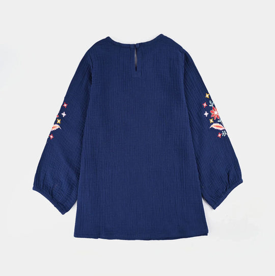 Girls Cotton EMB Top Bouquet-Navy Blue