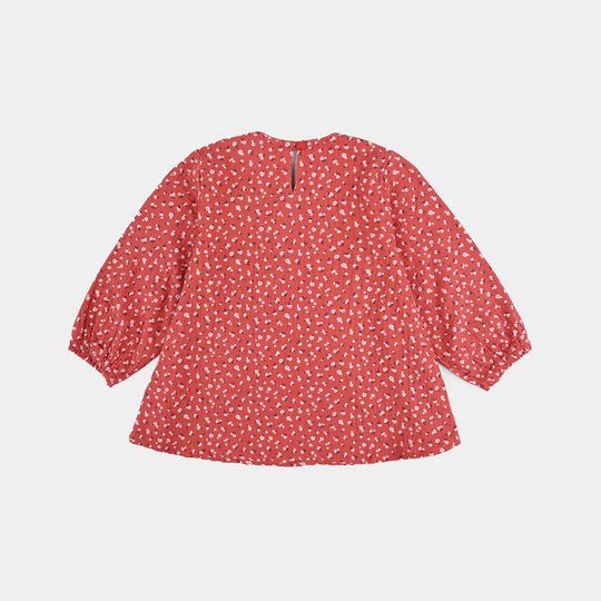 Girls Cotton Casual Frock White Flowers - RED