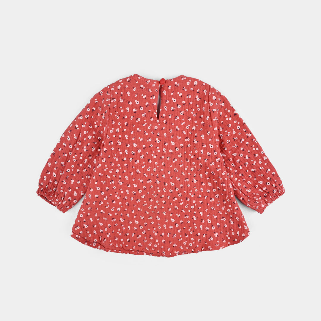 Infant Girls Cotton Casual Frock White Flowers - RED