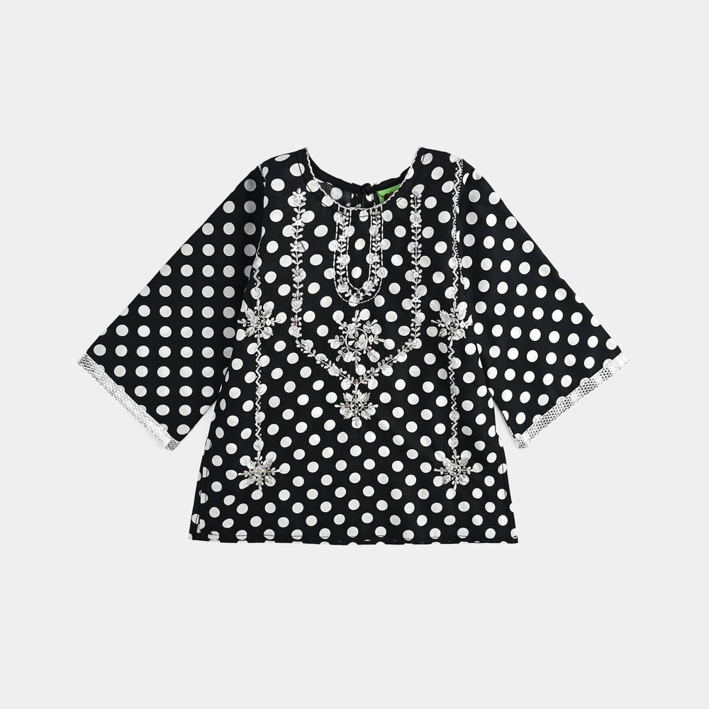 Infant Girls Cotton Poplin Printed & Emb 2 Pcs Polka Dote - BLACK