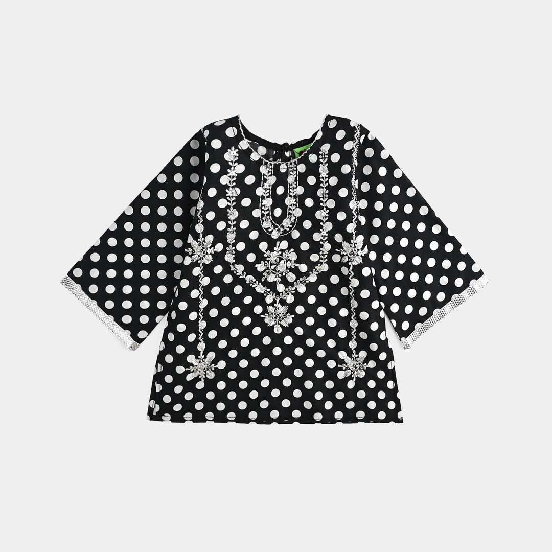 Infant Girls Cotton Poplin Printed & Emb 2 Pcs Polka Dote - BLACK