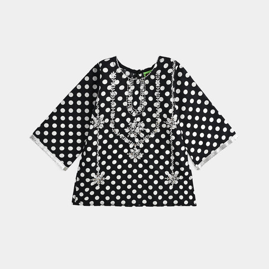 Infant Girls Cotton Poplin Printed & Emb 2 Pcs Polka Dote - BLACK