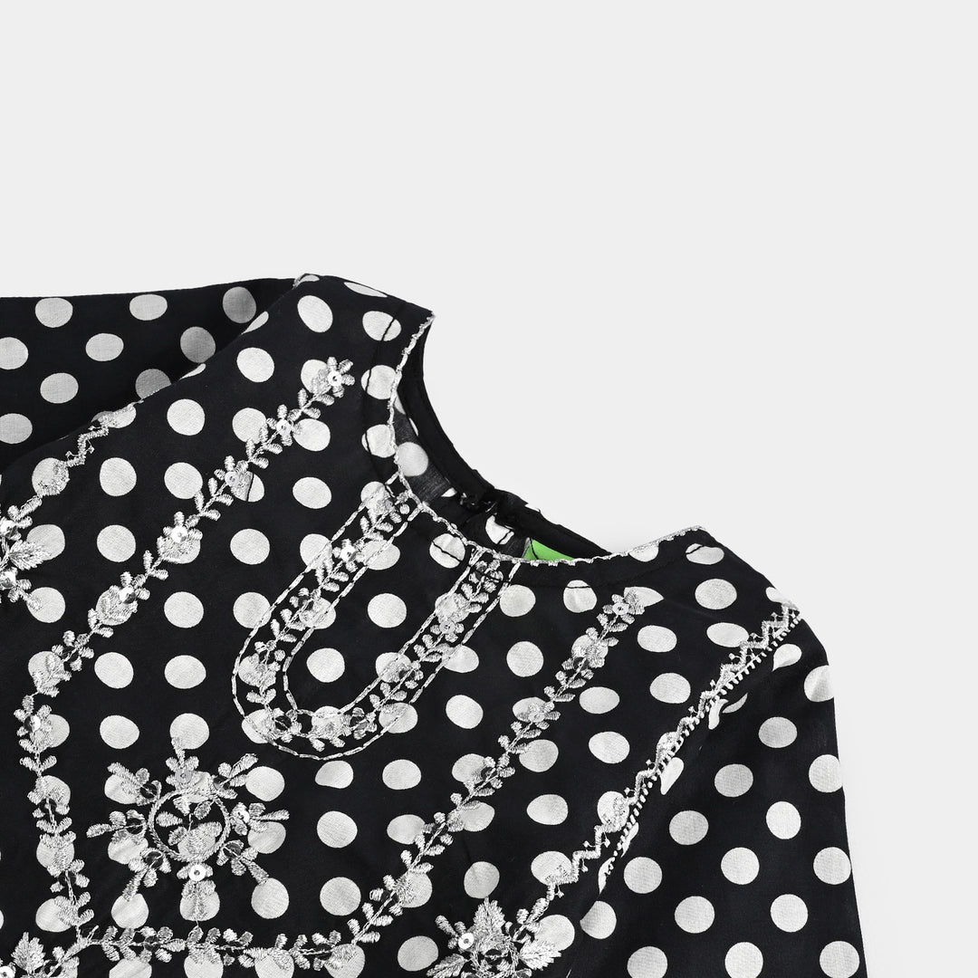Infant Girls Cotton Poplin Printed & Emb 2 Pcs Polka Dote - BLACK