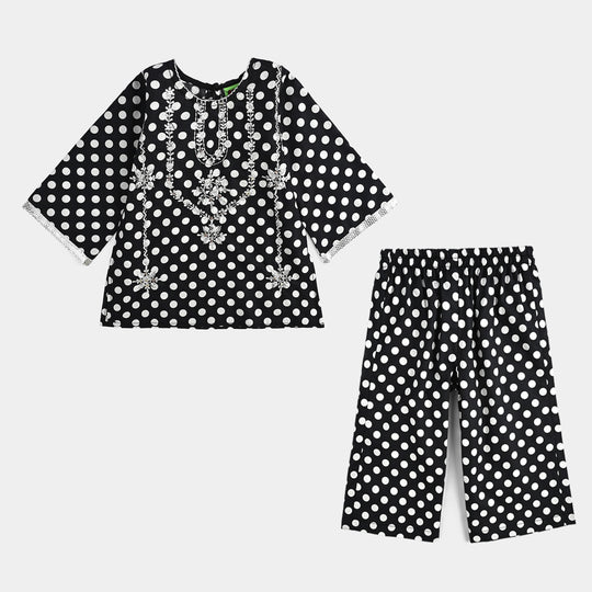 Infant Girls Cotton Poplin Printed & Emb 2 Pcs Polka Dote - BLACK