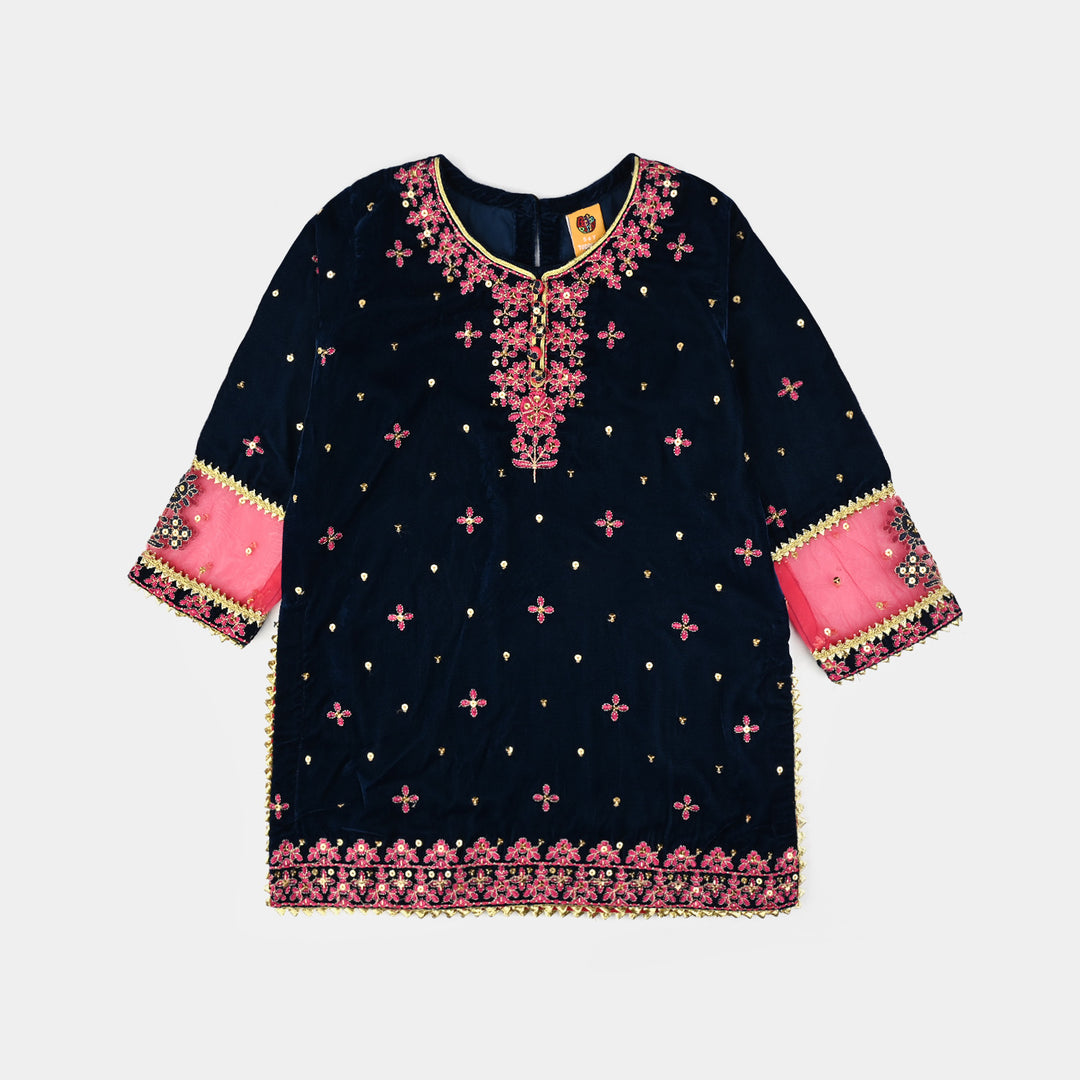 Girls Velvet Fancy 3Pcs Dhanak-Teal blue