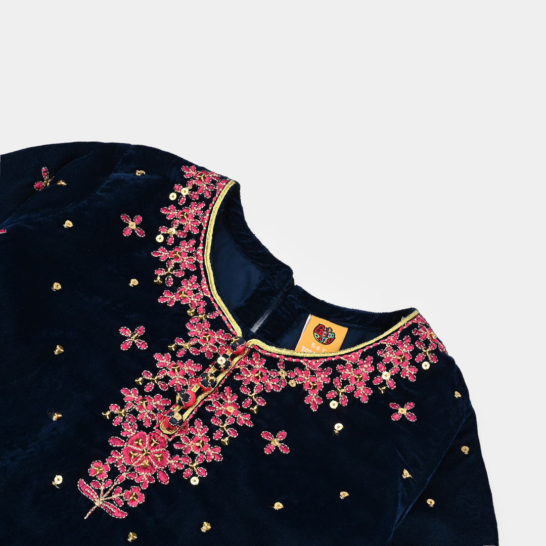 Girls Velvet Fancy 3Pcs Dhanak-Teal blue