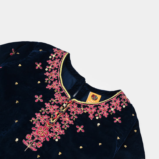 Girls Velvet Fancy 3Pcs Dhanak-Teal blue