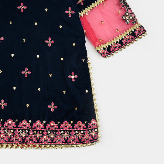 Girls Velvet Fancy 3Pcs Dhanak-Teal blue