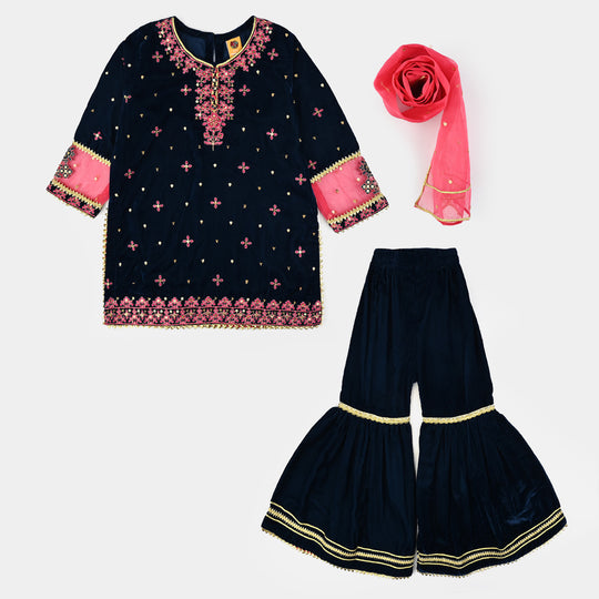 Girls Velvet Fancy 3Pcs Dhanak-Teal blue