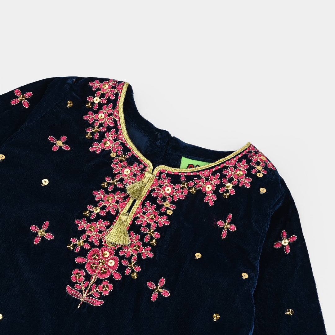 Infant Girls Velvet Fancy 2Pcs Dhanak-Teal blue