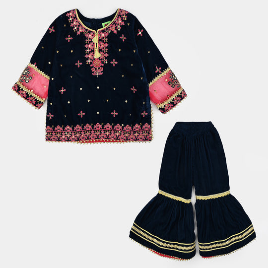 Infant Girls Velvet Fancy 2Pcs Dhanak-Teal blue