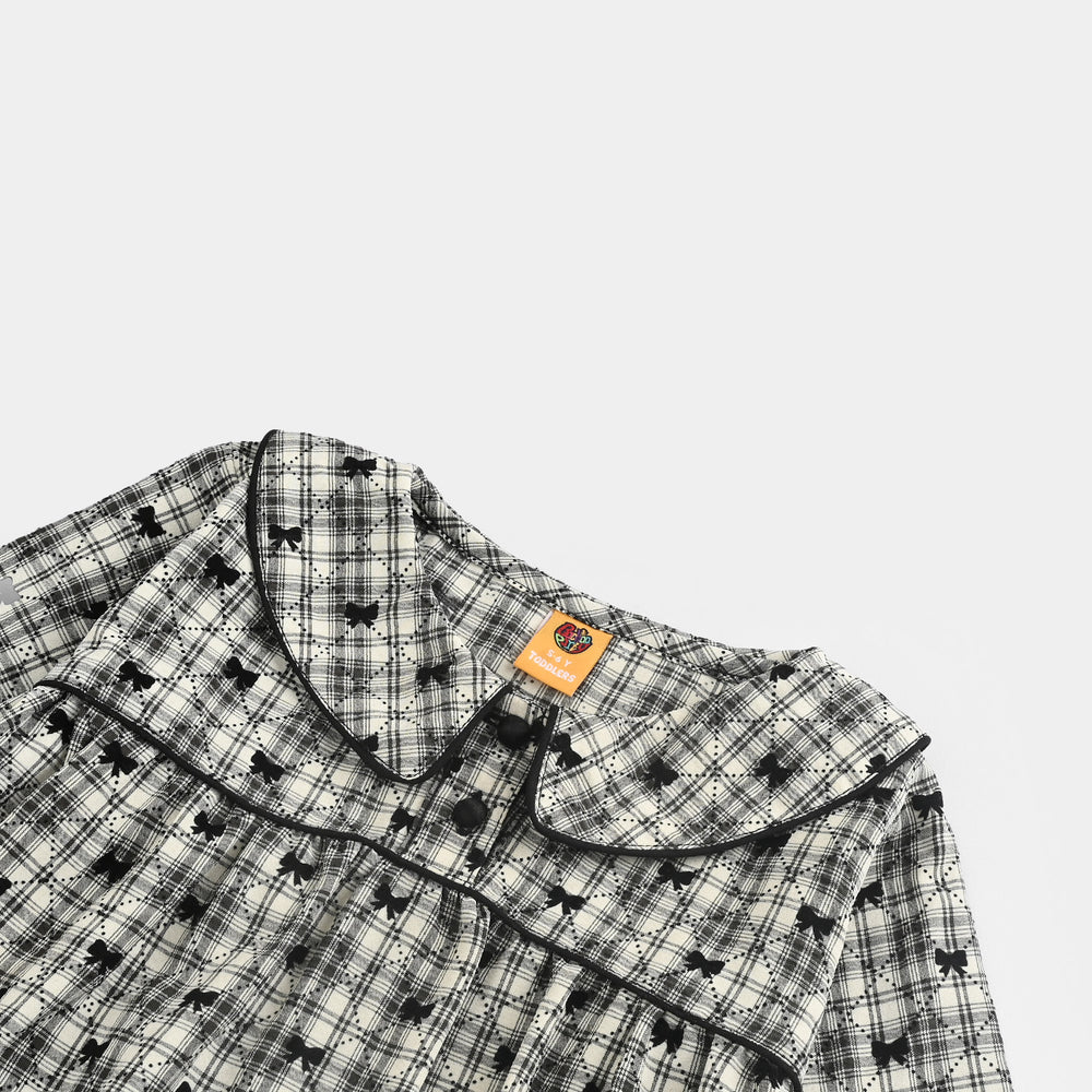 Girls Poly Cotton Casual Top Black Bow-Multi