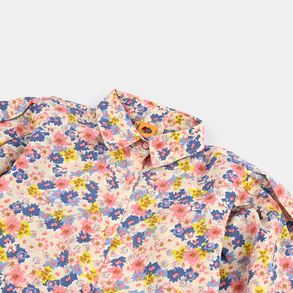 Girls Poly Crinkle Casual Top Strawberry Pink-Cream
