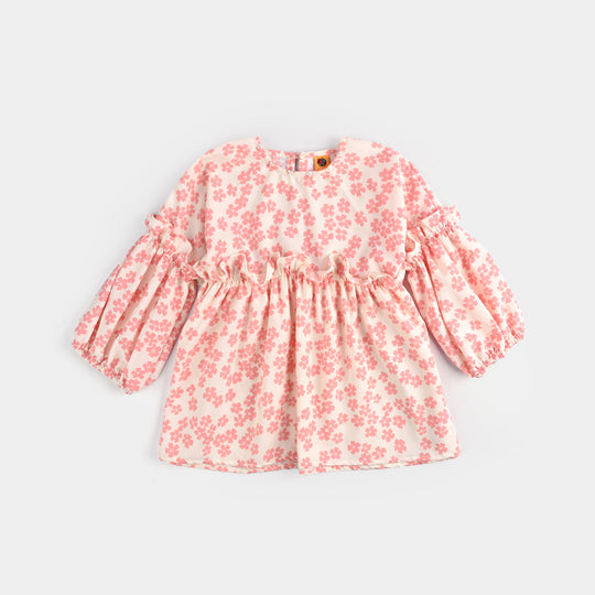 Girls Poly Crinkle Casual Frock Pink Flowers-White