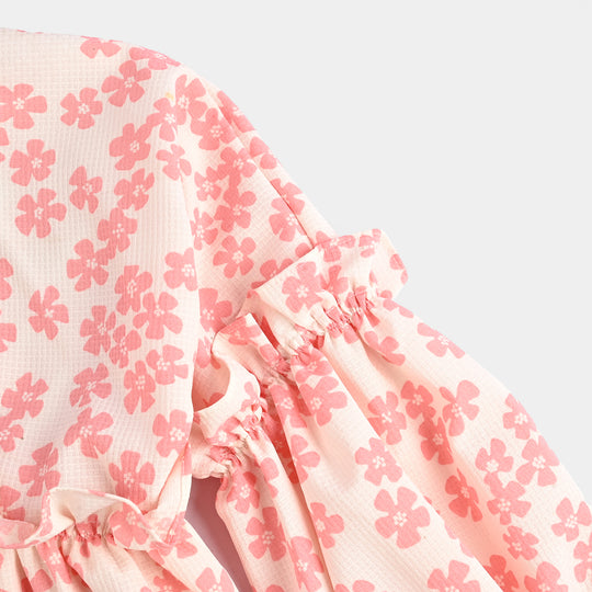 Girls Poly Crinkle Casual Frock Pink Flowers-White
