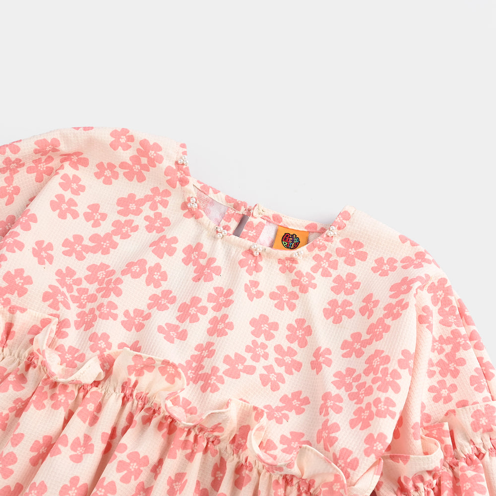 Girls Poly Crinkle Casual Frock Pink Flowers-White