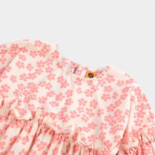 Girls Poly Crinkle Casual Frock Pink Flowers-White