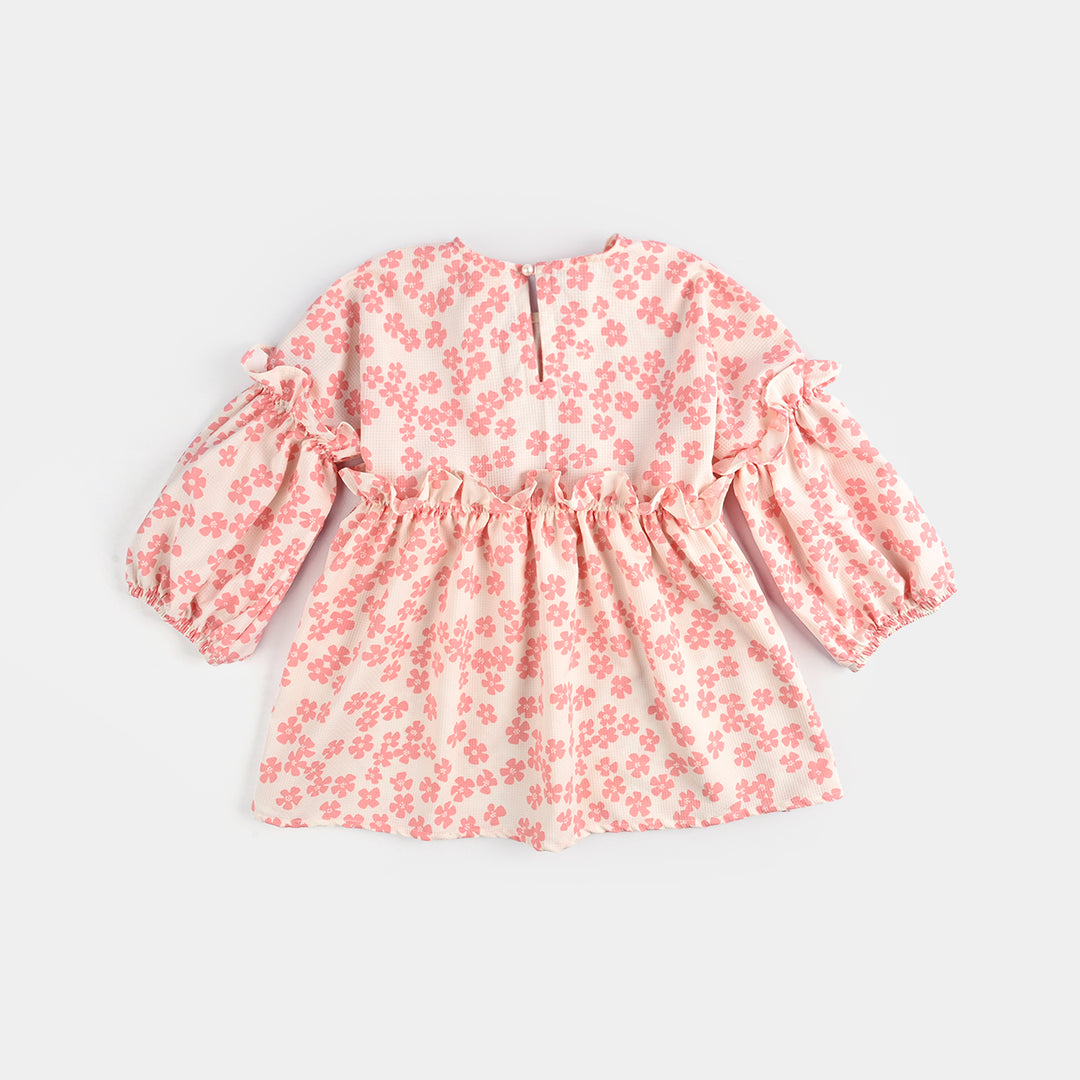 Girls Poly Crinkle Casual Frock Pink Flowers-White