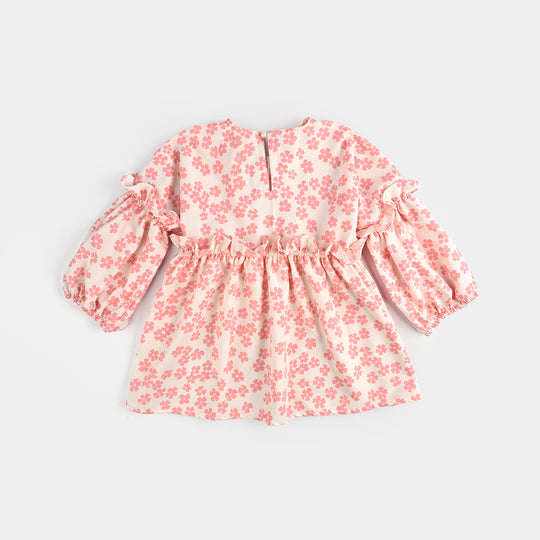 Girls Poly Crinkle Casual Frock Pink Flowers-White
