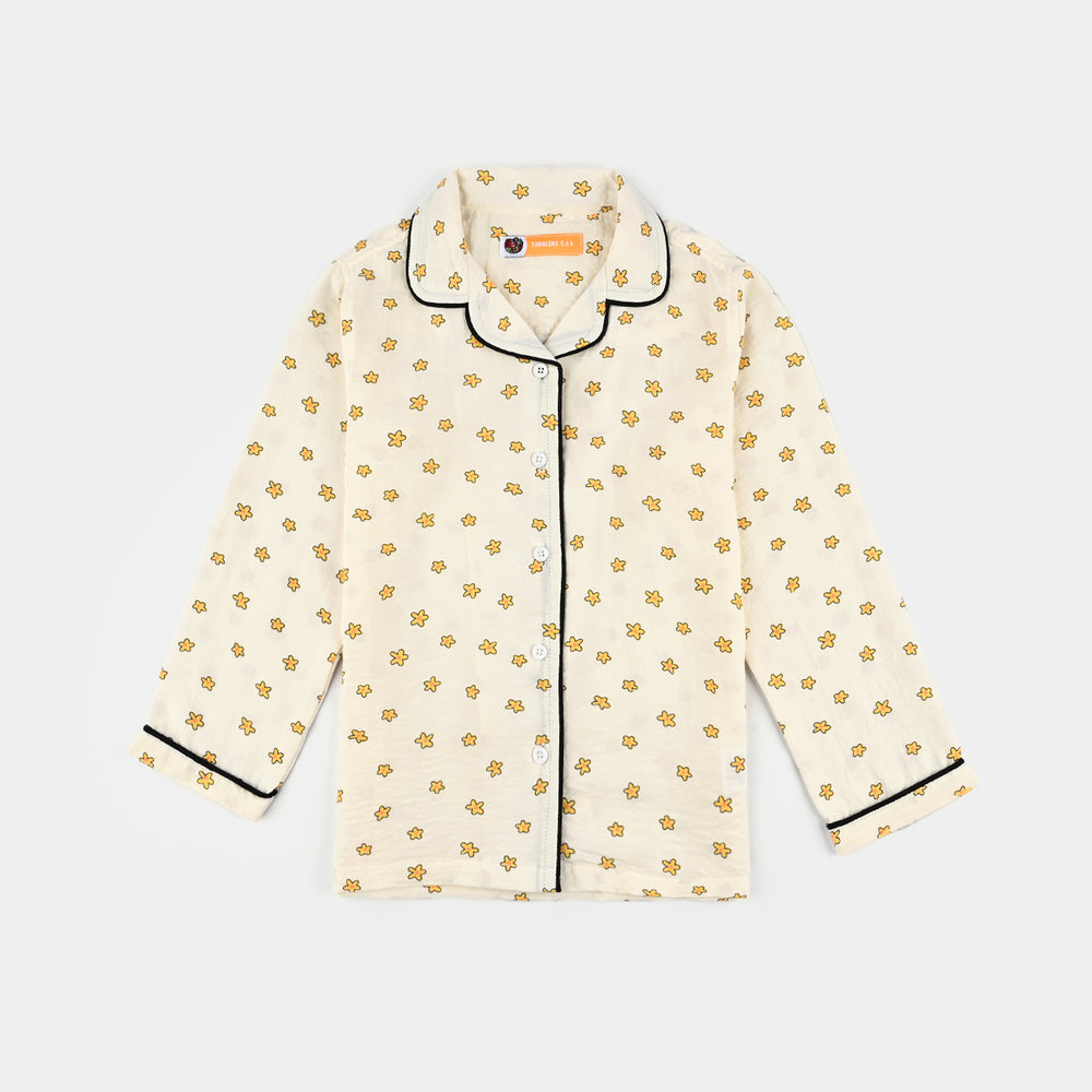 Girls Viscose Woven Night Suit-Stars - Off.White