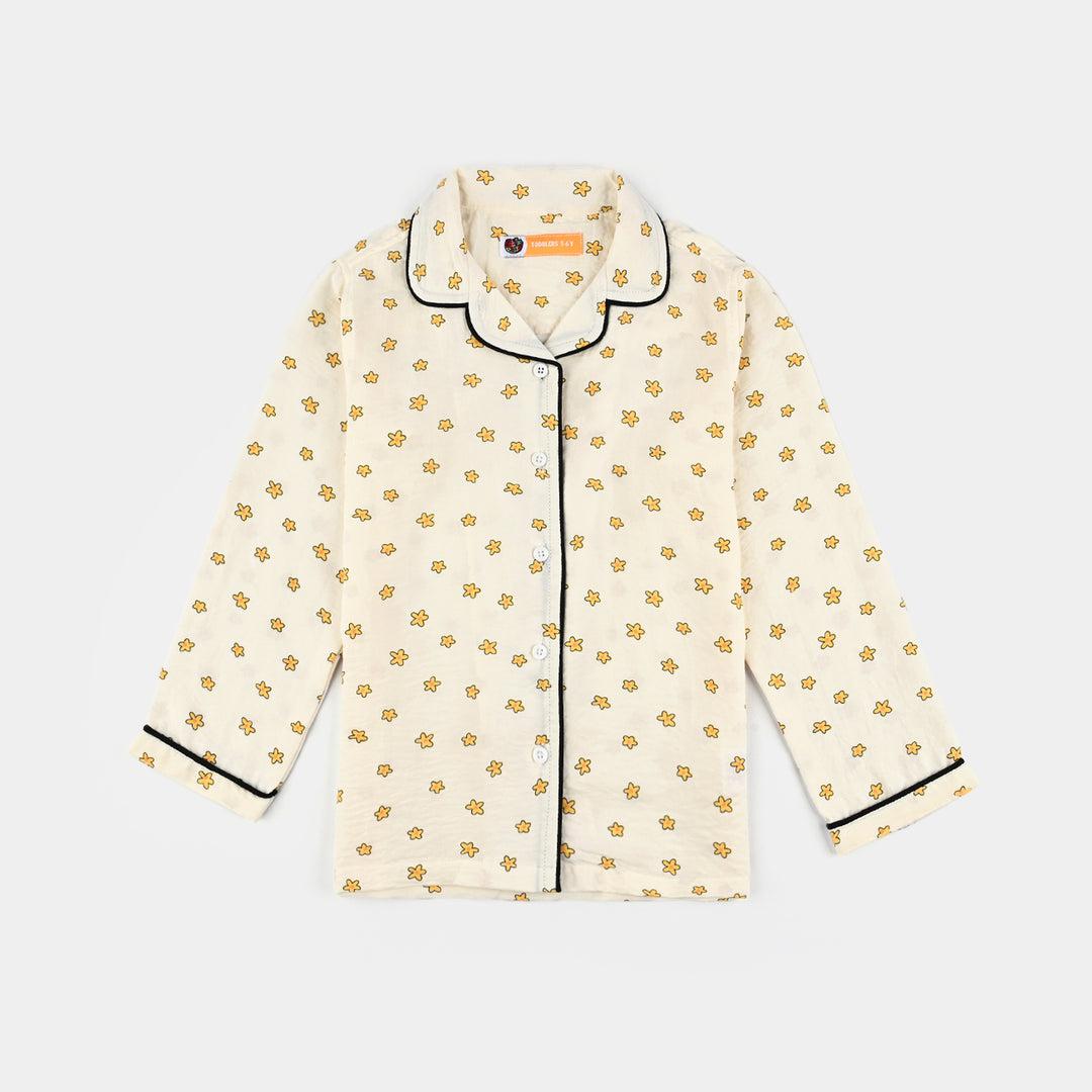Girls Viscose Woven Night Suit-Stars - Off.White