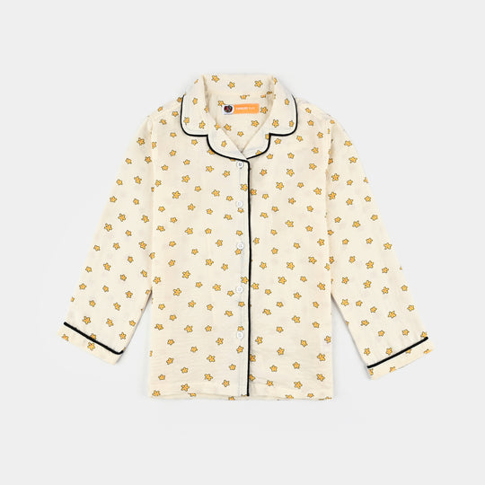 Girls Viscose Woven Night Suit-Stars - Off.White