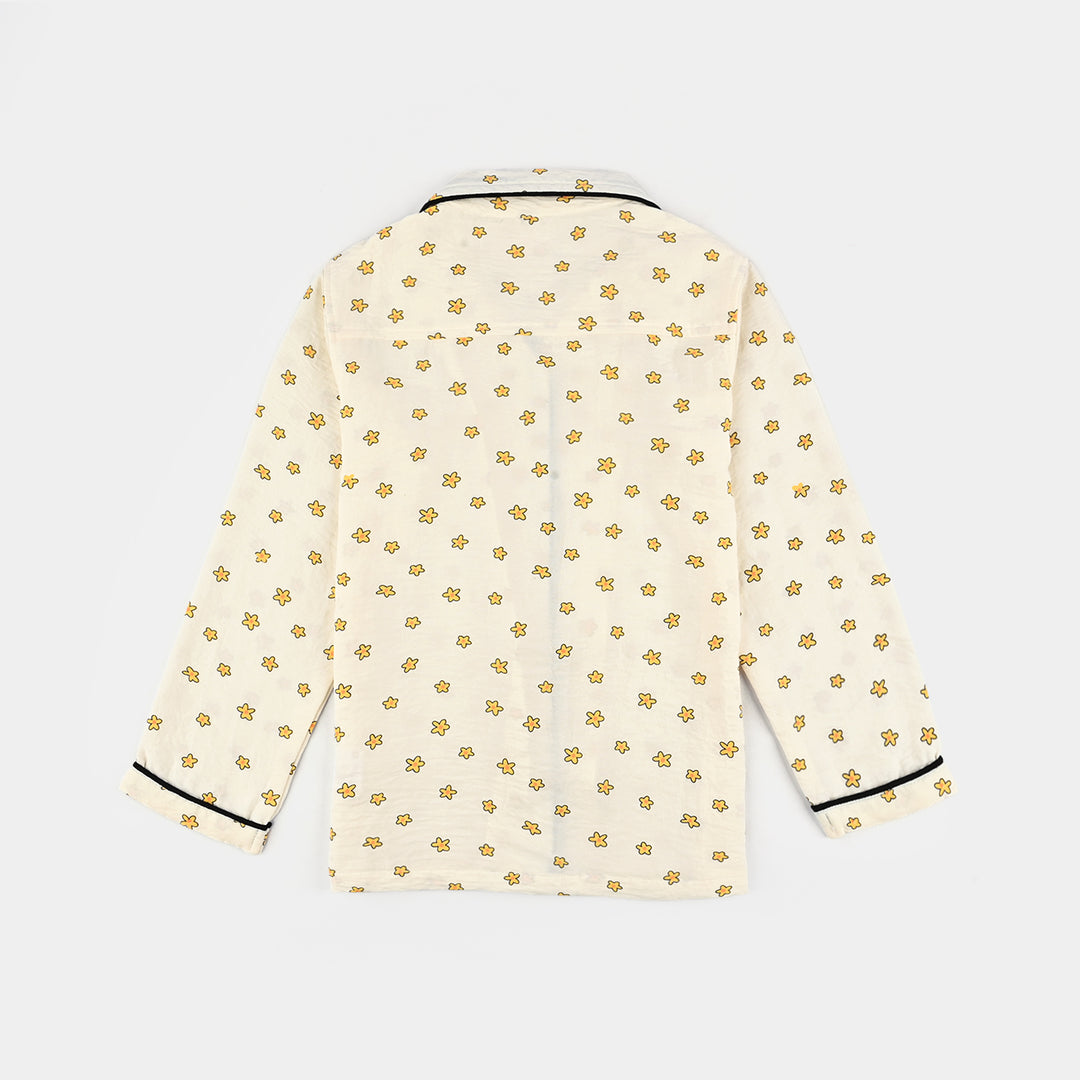 Girls Viscose Woven Night Suit-Stars - Off.White