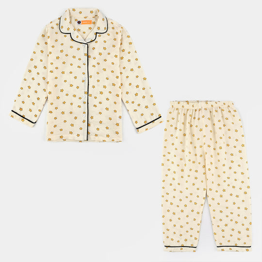 Girls Viscose Woven Night Suit-Stars - Off.White
