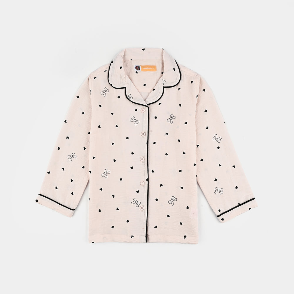 Girls Viscose Night Suit-Bow & Heart - LT.Pink