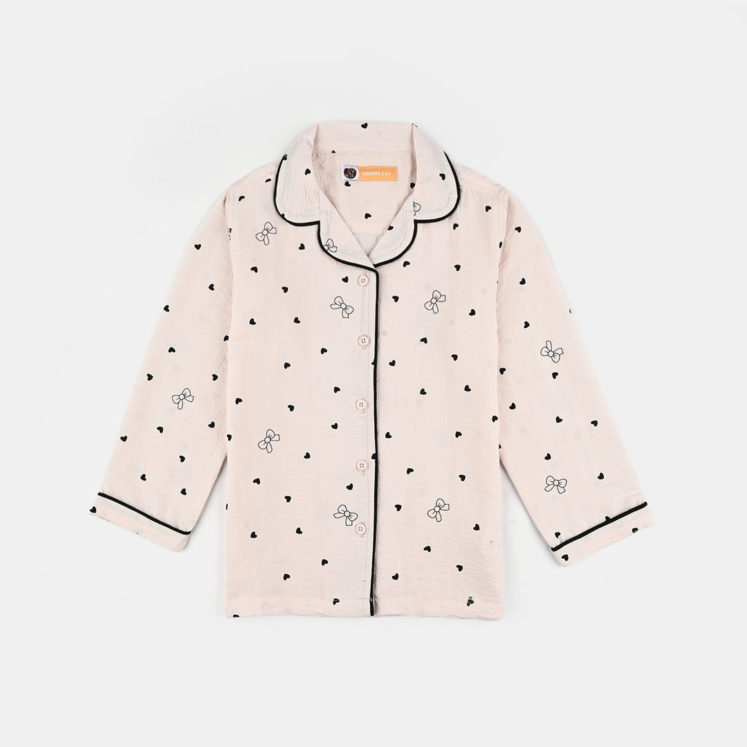 Girls Viscose Night Suit-Bow & Heart - LT.Pink