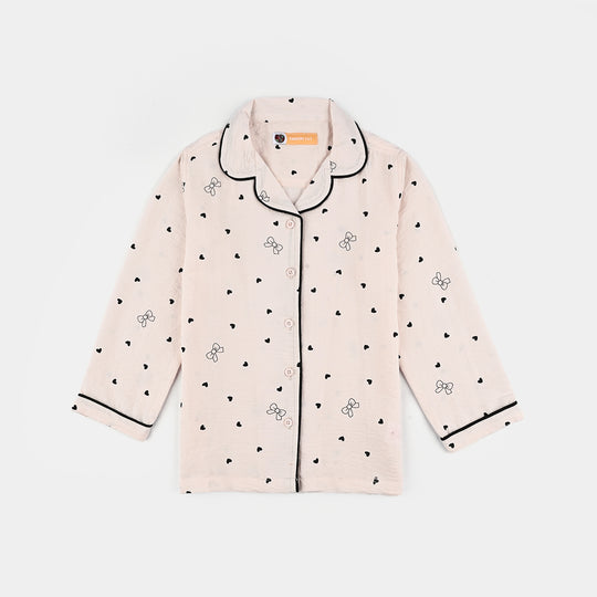 Girls Viscose Night Suit-Bow & Heart - LT.Pink