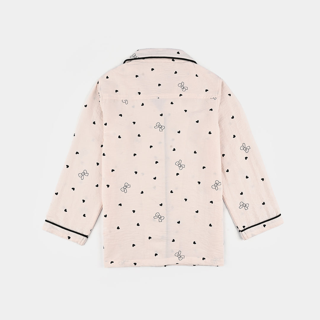 Girls Viscose Night Suit-Bow & Heart - LT.Pink