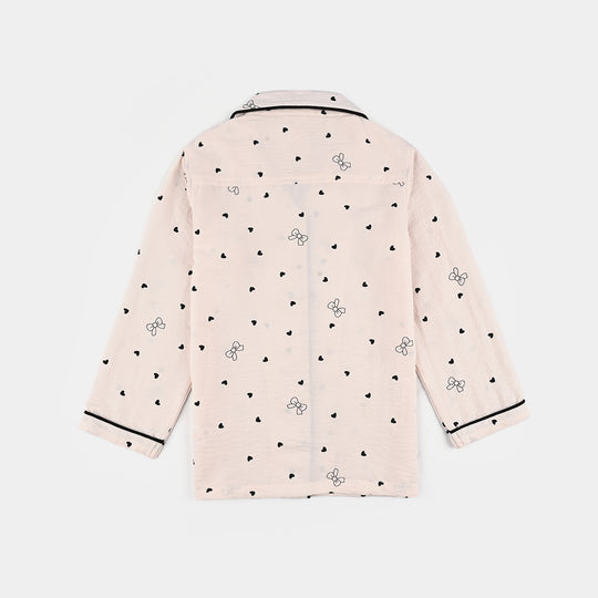Girls Viscose Night Suit-Bow & Heart - LT.Pink