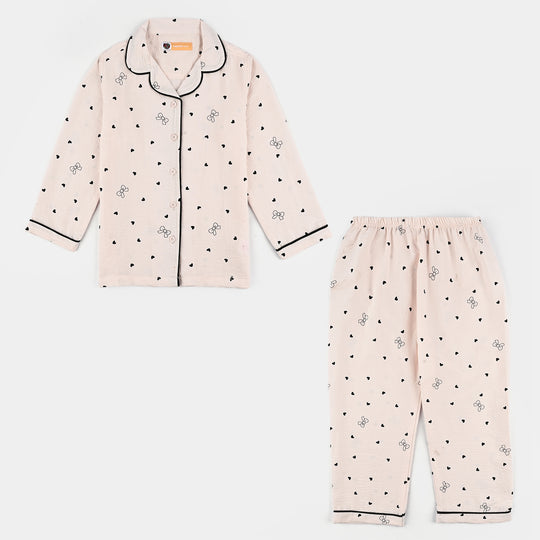 Girls Viscose Night Suit-Bow & Heart - LT.Pink