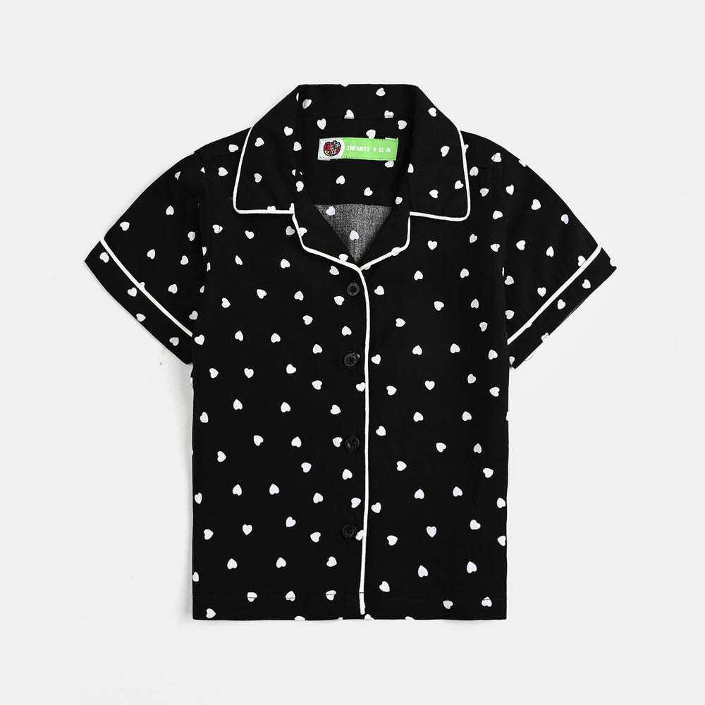 Infant Girls Viscose Night Suit-Hearts-BLACK