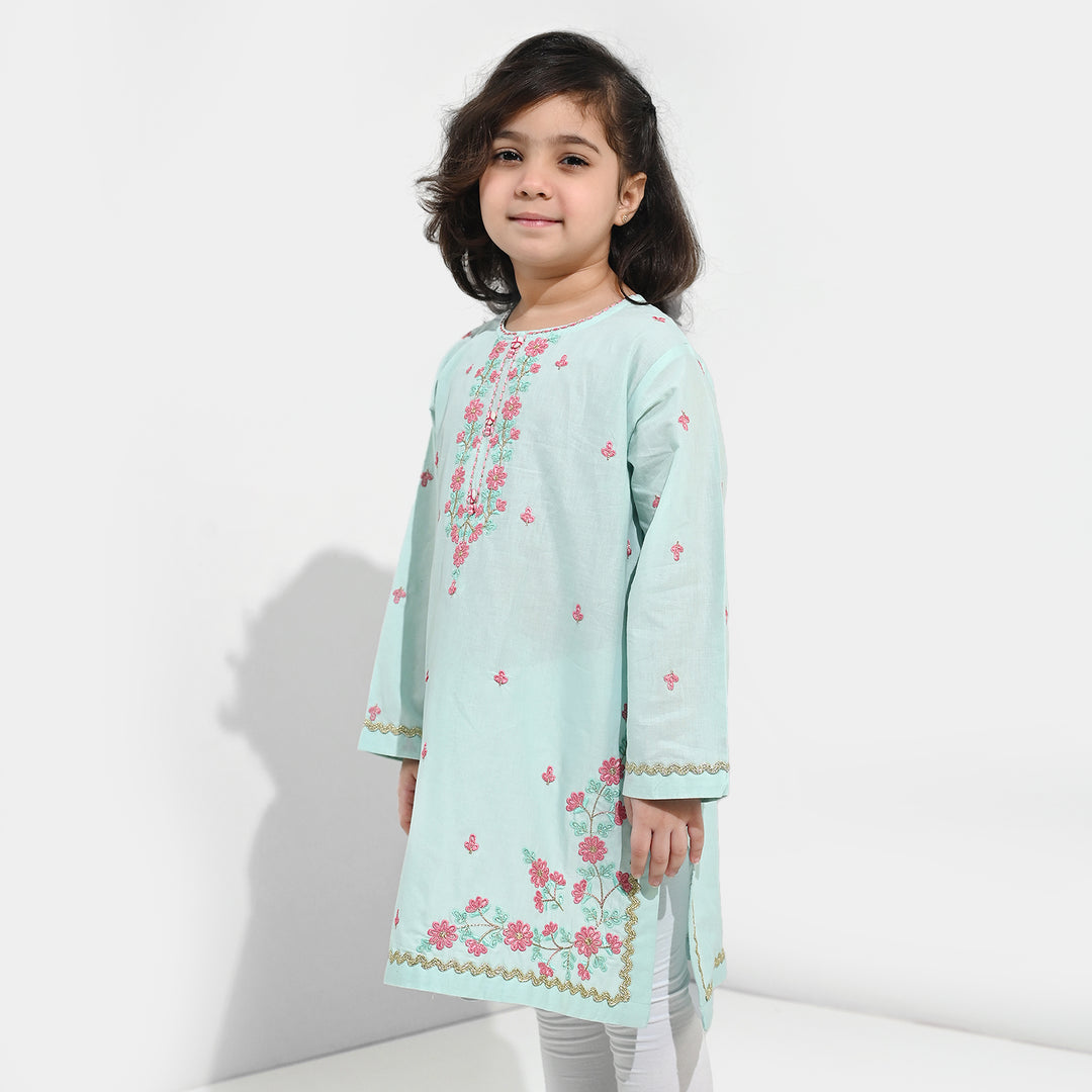 Girls Cotton Poplin Emb Kurti Zohra - Mint Green