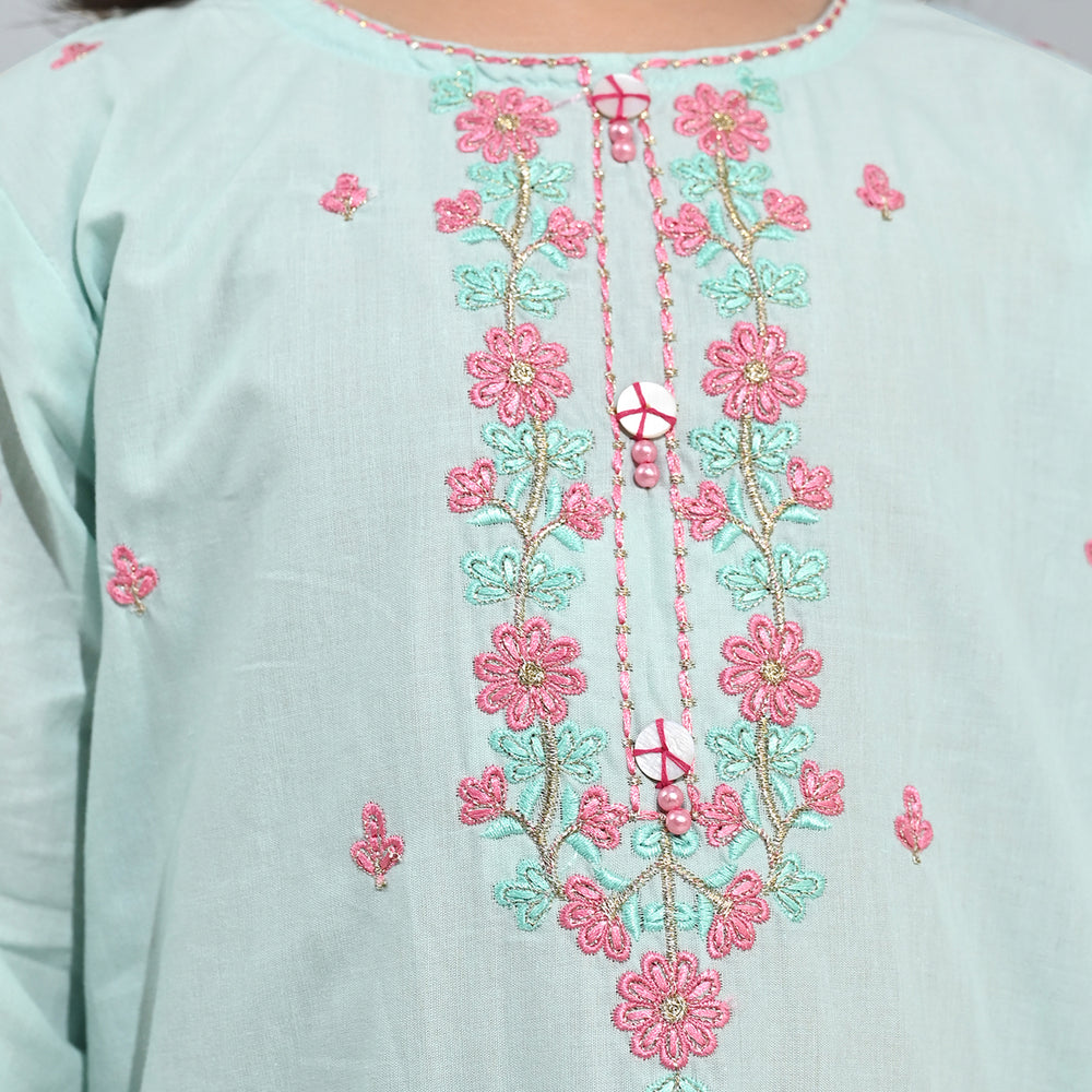 Girls Cotton Poplin Emb Kurti Zohra - Mint Green