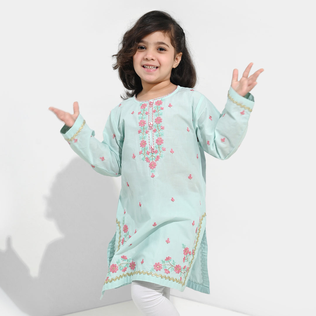 Girls Cotton Poplin Emb Kurti Zohra - Mint Green